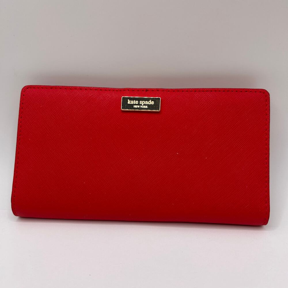 Kate Spade New York Bifold Red Leather Credit Card Wallet Snap Close